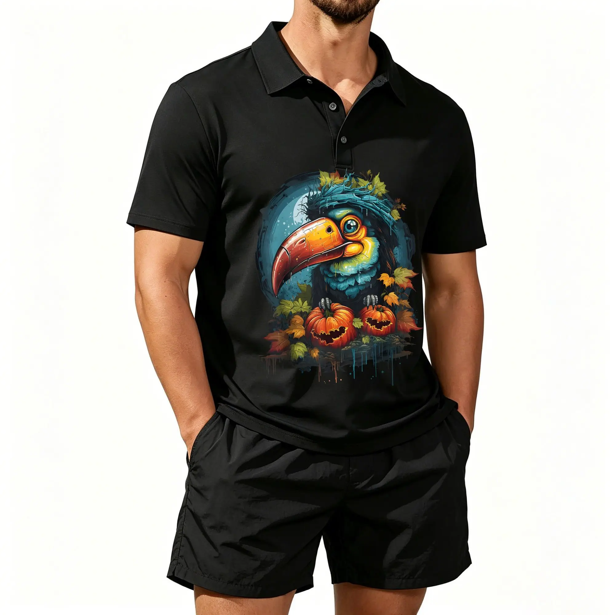 Conjunto de Camiseta Polo de Manga Corta para Hombre, Estampado de Animales de Halloween, Adecuado para Uso Diario y Actividades al Aire Libre. Transpirable, suave y lavable a máquina.