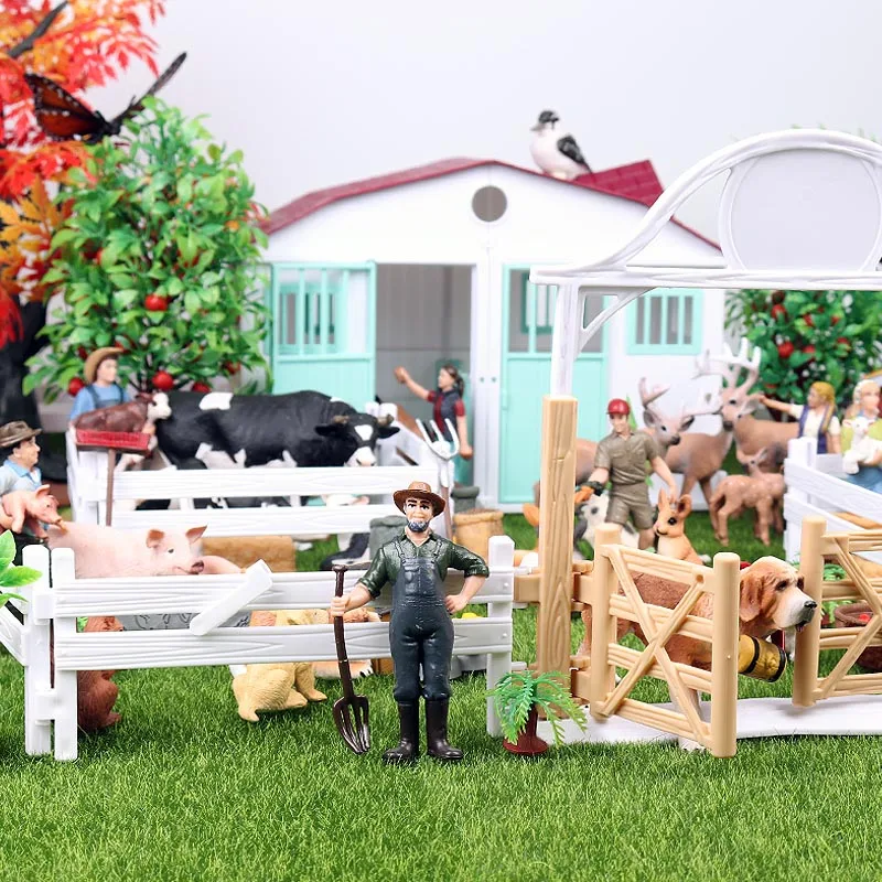 Oenux New Farm House Model Action Figures Farmer Cow Hen Pig Poultry Animals Set Figurine Miniature Cute Educational Kids Toy