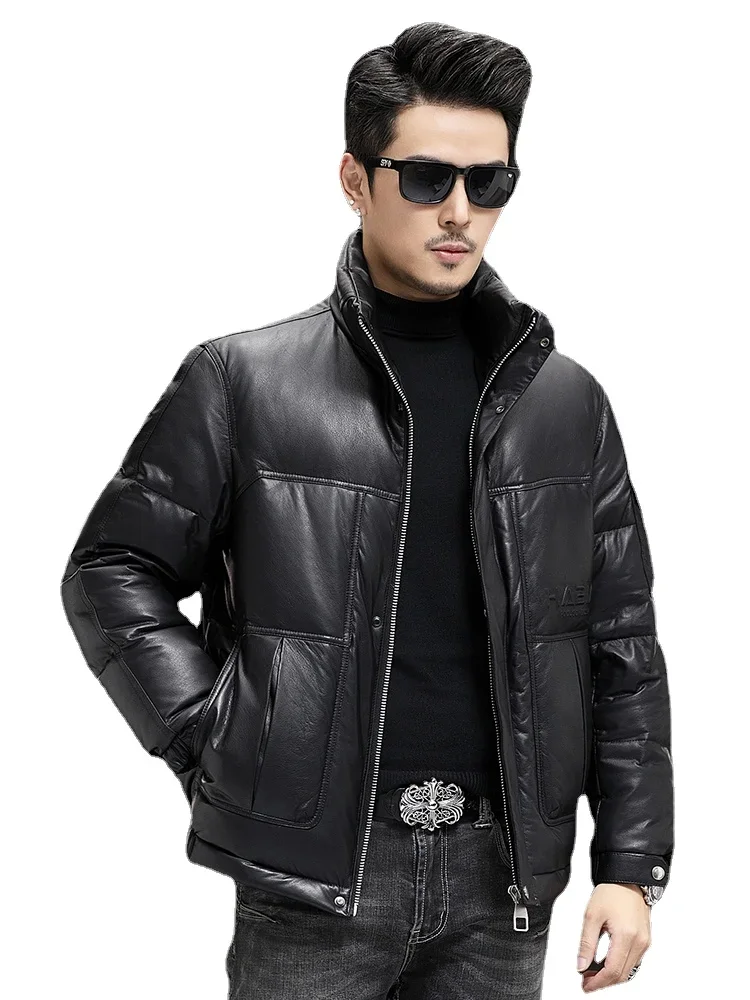 100% Genuine Leather Jacket Men White Goose Down Down Jackets Men's Top Layer Calf Leather Coat Motorcycle Thick Warm Clothes FC