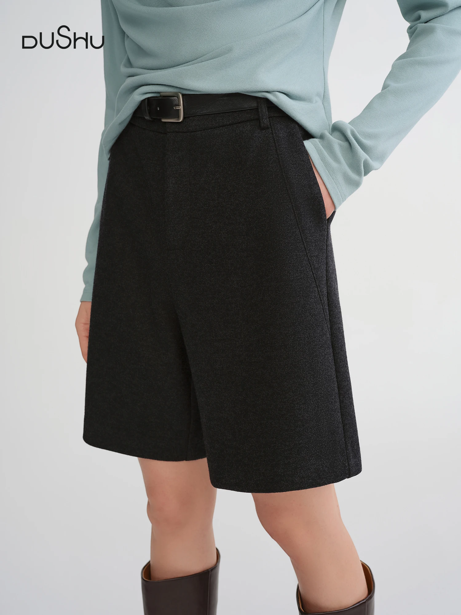 

DUSHU большие размеры, женские зимне-осенние шорты из смесовой шерсти, модные универсальные простые повседневные брюки, официальные шикарные наряды