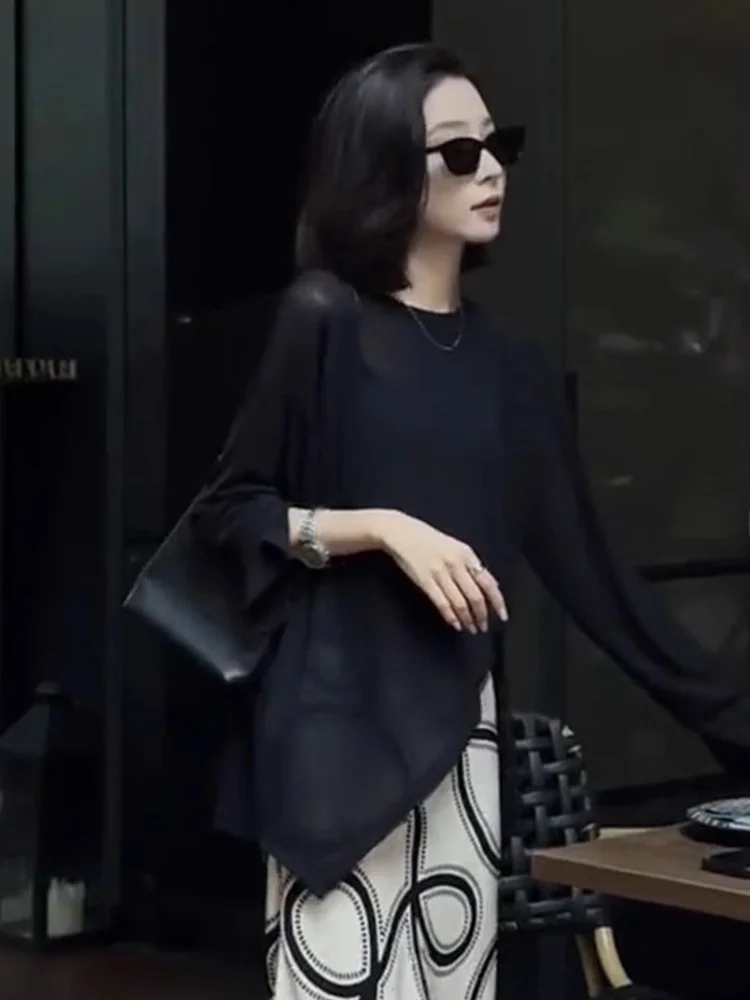 ピュアカラーニットウェア長袖アイスシルクラウンドネックシンプルスタイル高級初秋トレンドトップスヘッドオーバーシャツスイートスタイル