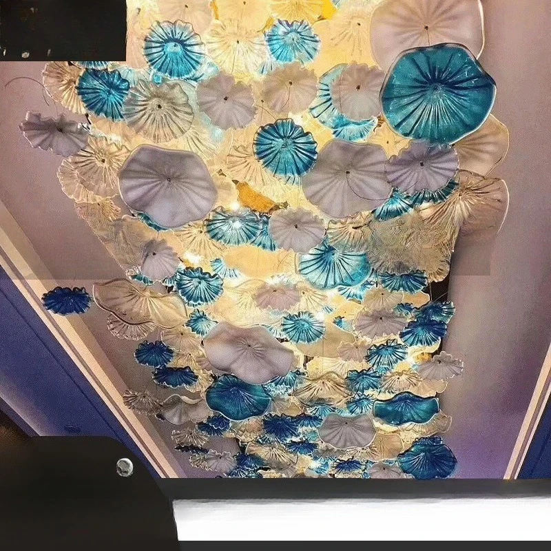 

Art Lotus Leaf Staircase Long Crystal Chandelier Hotel Lobby Villa