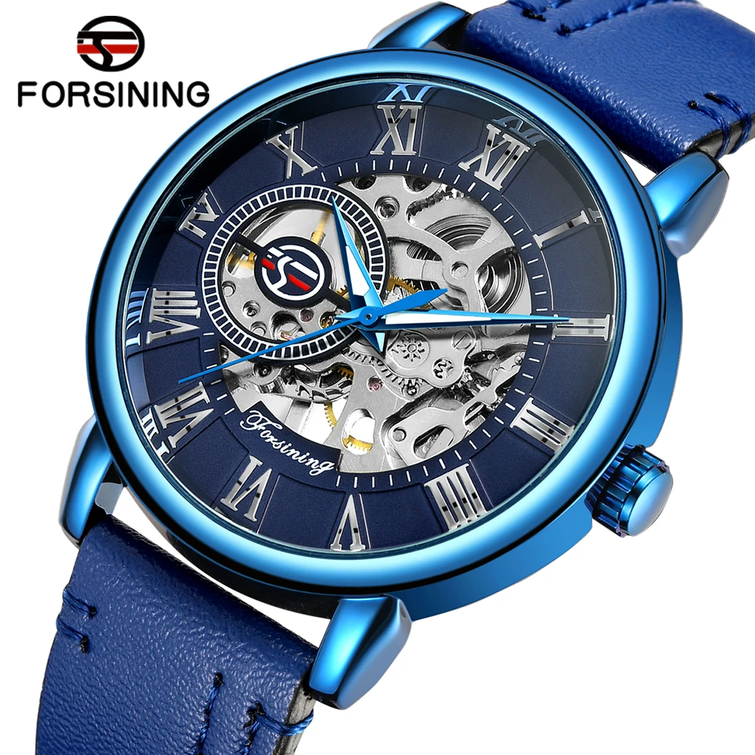 Forsining Transparent Luxury Skeleton Mechanical Watches Casual Leather Strap Blue Watch for Men Luminous Hands reloj hombre