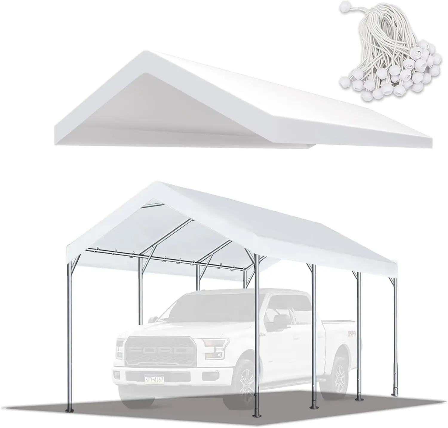 

10' x20' Upgraded Carport Replacement Canopy Cover for Car Garage Shelter Party Tent with Ball Bungees White (Only Top Cover,