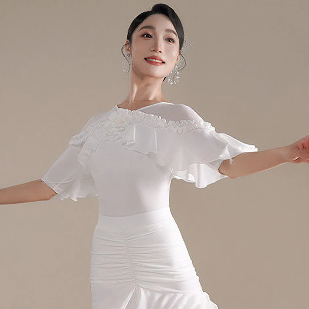 

Ballroom Dance Short-Sleeved Tops Ballroom Dance Competition Women's White Ruffled Purple Top Chiffon Fashion Black Waltz Top