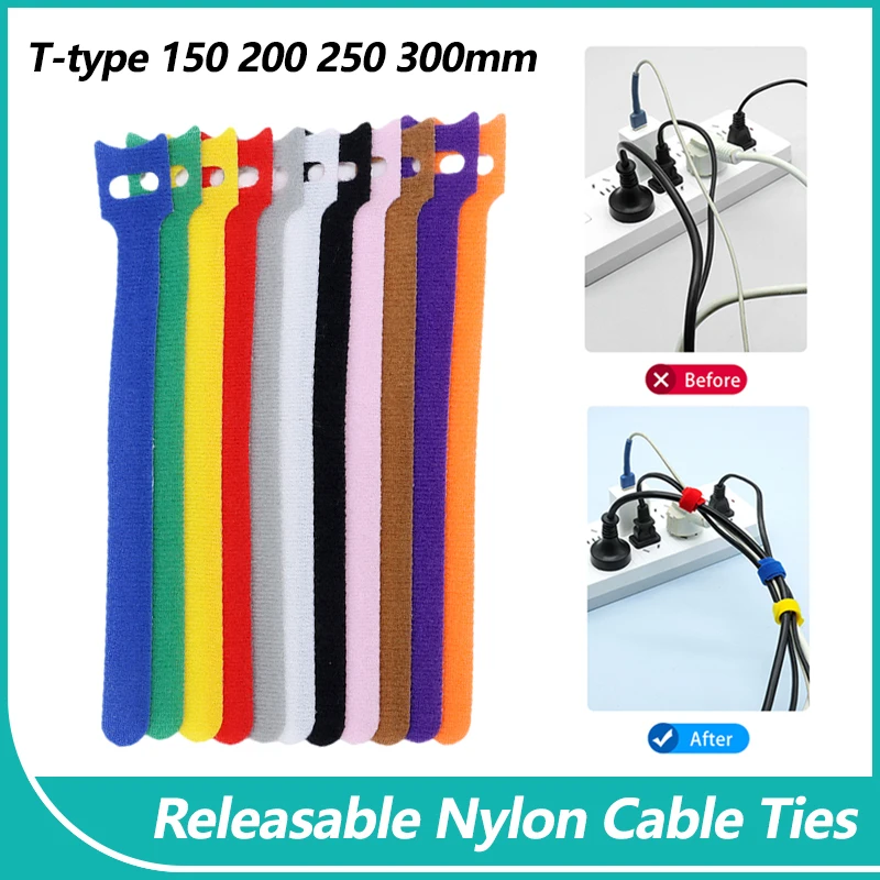 150 - 300mm Releasable Cable Ties Plastics Reusable Cable tie Nylon Hook Loop Wrap Zip Bundle Ties T-type Cable Tie Wire Colored