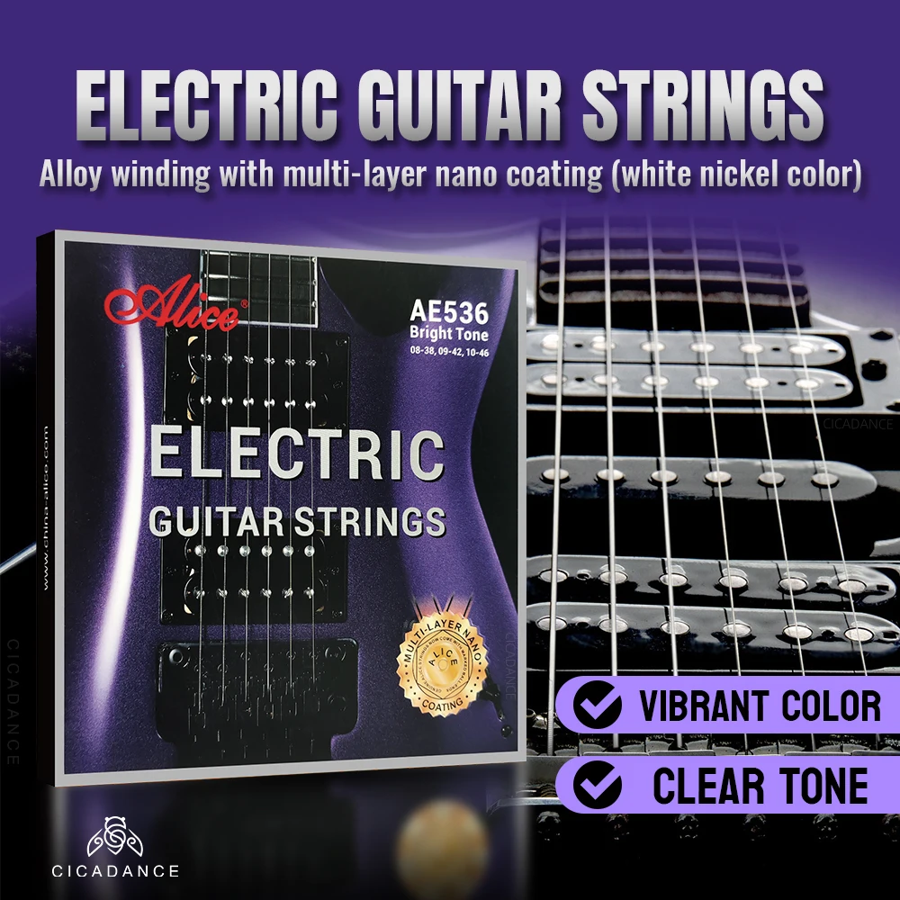 Alice AE536 Cordas para guitarra elétrica, desempenho profissional de concerto, aço de alto carbono, conjunto de liga antiferrugem, playabilidade suave