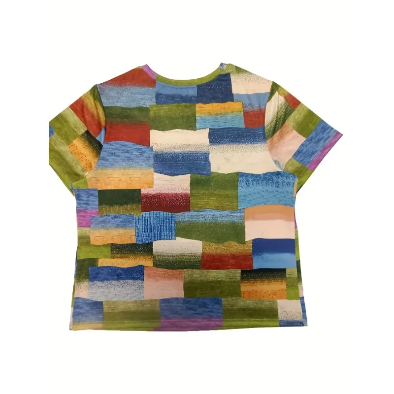 Plus Größe 1XL-5XL Neue frauen Mode Sommer Farbe Block Gedruckt Rundhals T-shirt Frauen Casual Kurzarm T-shirt