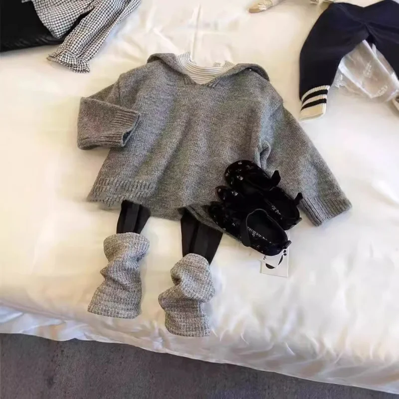 Kxkm-Korean Children's Clothing24New Fashionable Autumn Clothing Girls' Suit Knitted Sweater Striped Bottoming Shirt Color Match