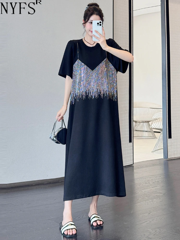 NYFS 2024 Letnie nowe sukienki koreańskie dla kobiet Vestidos Robe Elbise Loose Plus Size Diamonds Short Sleeve Long Dress