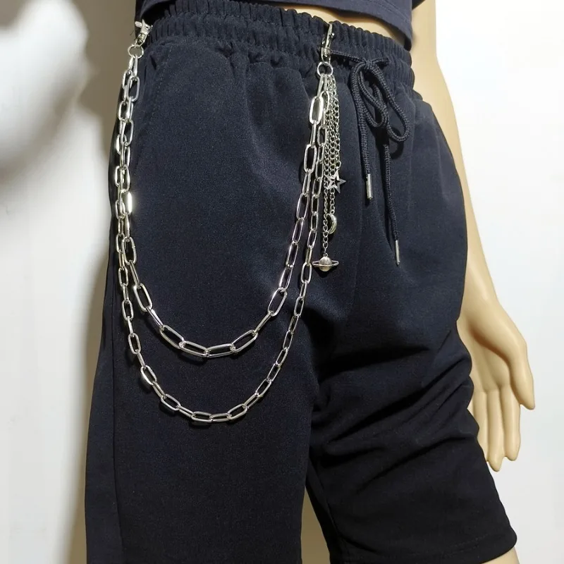 سلسلة بانت من سبائك الحديد مع سحر النجوم والقمر - إكسسوار سلسلة مفاتيح عصرية متعددة الطبقات على شكل هيب هوب