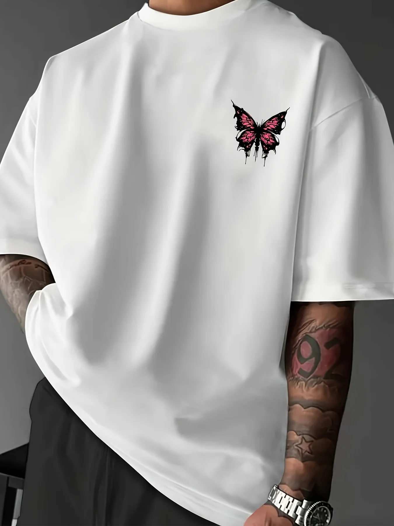 Summer men's 100% pure cotton casual fashionable loose Brooklyn butterfly print round neck short sleeved T-shirt