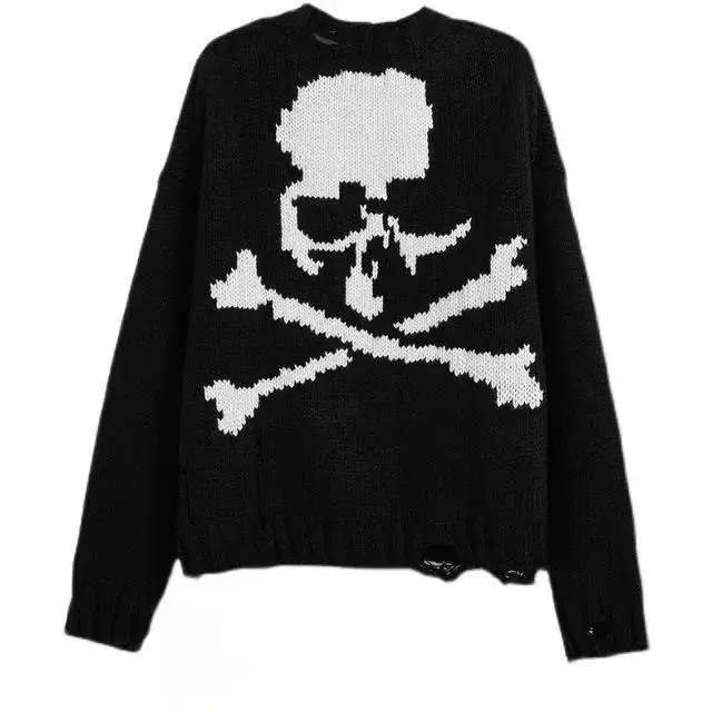 Y2k Dark Skull Loose Retro Knit Sweater For Women Pullover Couple Ins Shirt Fashion Oversized Top Autumn And Winter New