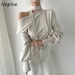 Neploe Korean Elegant Temperament Satin Shirt Femme 2024 Early Autumn Simple Solid Color Long Sleeve Hanging Neck Slim Blouses