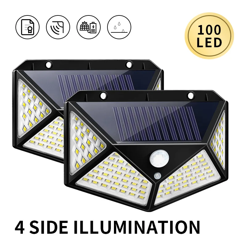 Lámpara solar de pared con detección humana, iluminación impermeable para exteriores, farola luminosa de cuatro lados, 100led