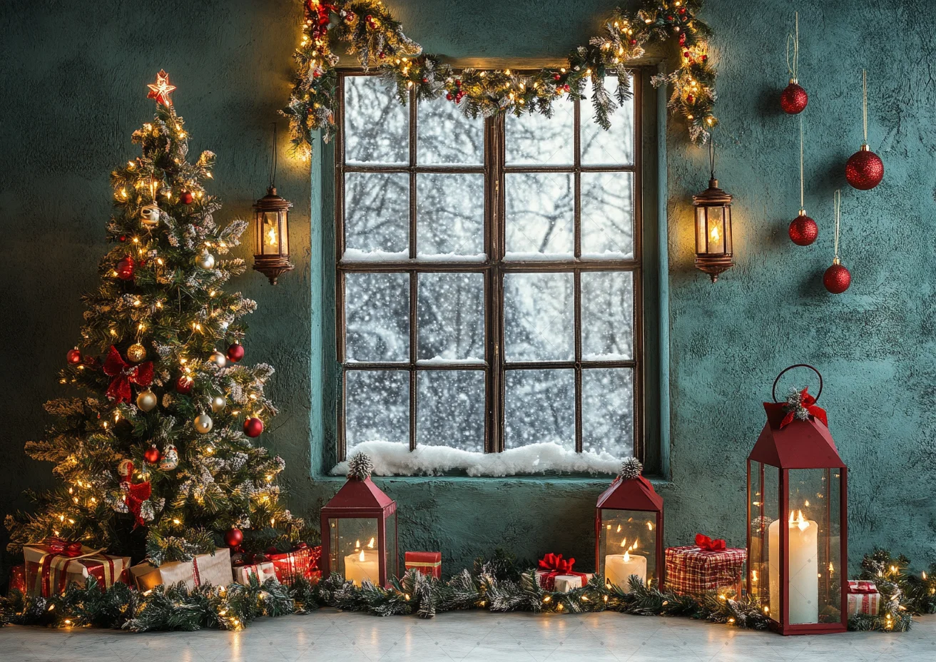

Winter Christmas Photography Background Green Wall Window Curtain Xmas Tree Kids Family Portrait Decor Backdrop for Photo Studio