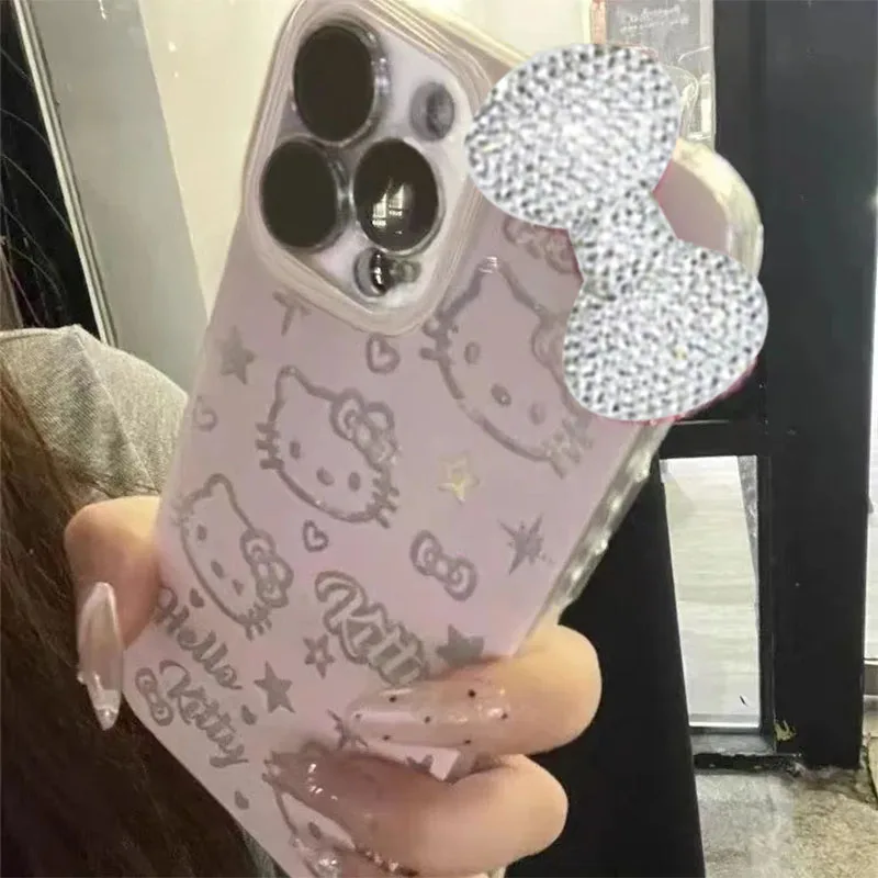 Shining Hello Kitty White Diamond Bow Strap Phone Case For iPhone 16 15 14 12 13 11 Pro Max XR XS MAX 7 8 PLUS MINI Y2K Cover