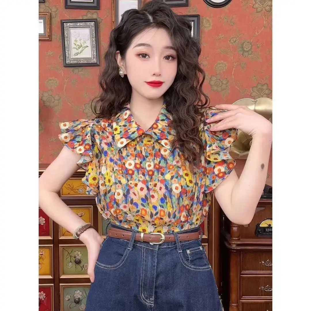 Summer Vintage Sleeveless Shirts Ladies Korean Tops Fashion Printing Women\'s Clothing Temperament Floral Women\'s Clothing 2024