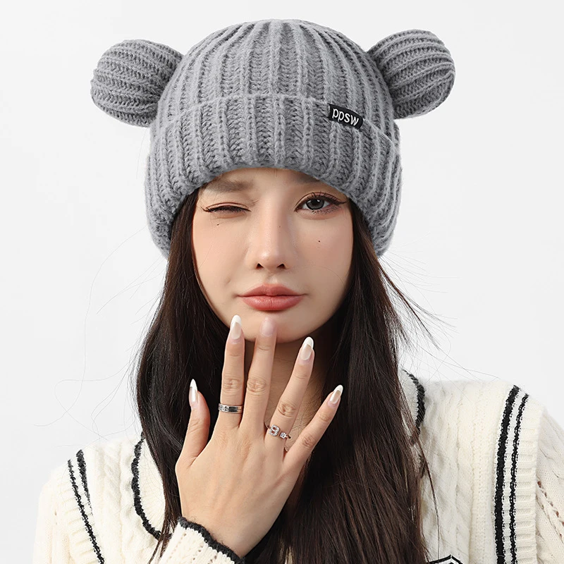 

Вязаная шерстяная шапка с милым медведем для езды на велосипеде, теплые наушники с героями мультфильмов, осень и зима