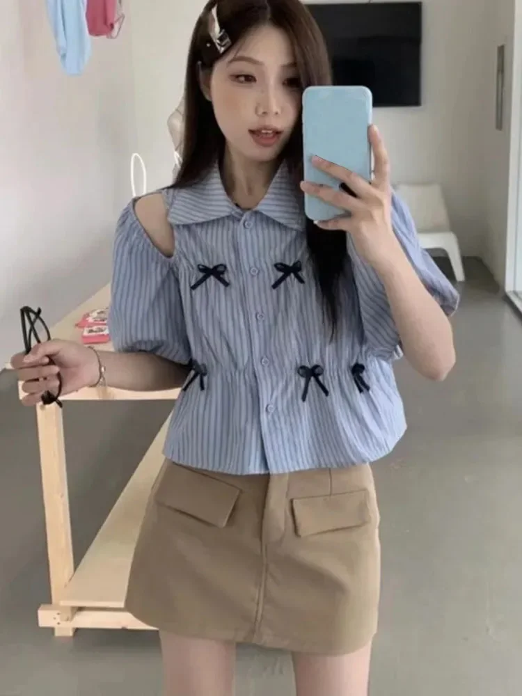 

Summer Blue Puff Sleeve Shirt Women Sweet Striped Bow Hollow Out Tops Mujer 2025 New Lapel Neck Single Breasted Blouses