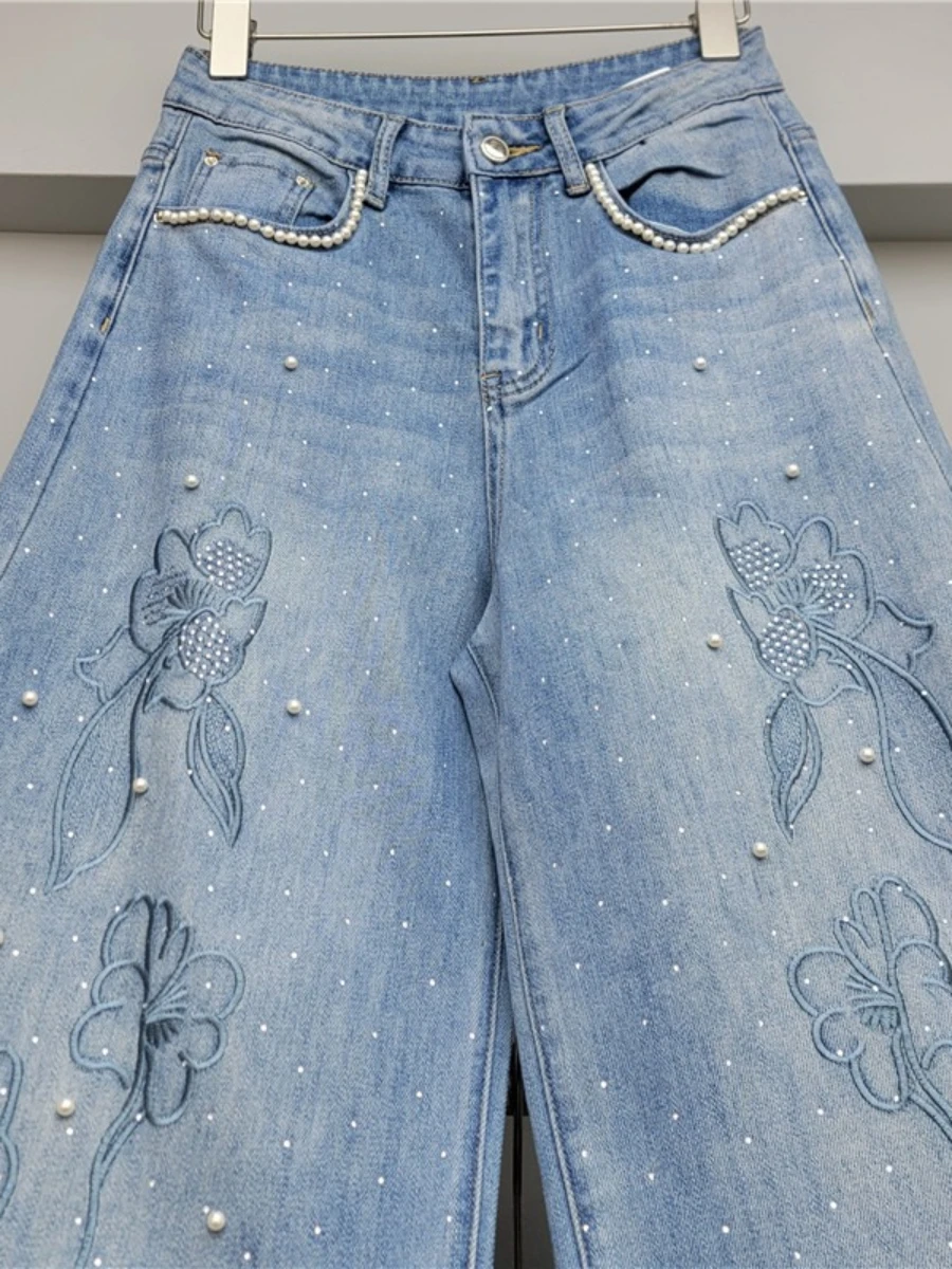 GALCAUR الصلبة تقسم التطريز السراويل الإناث عالية الخصر فضفاض المرقعة الخرز الشارع الشهير سراويل نسائية الخريف الاسلوب المناسب #3