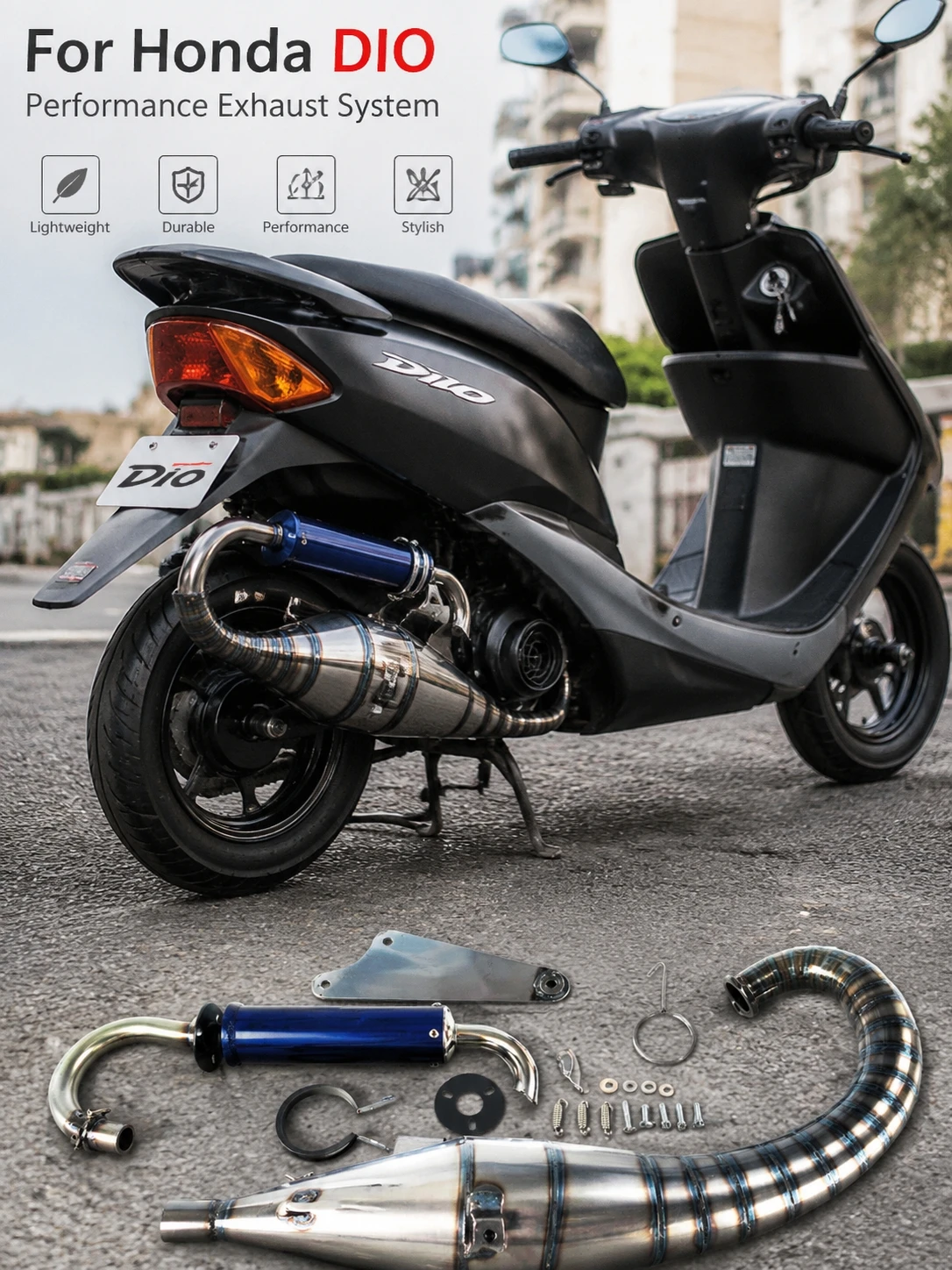 Hand Welded Elephant Shape Motorcycle Exhaust Pipe For DIO50 AF18 AF28 Scooter 90-125cc Racing Exhaust Kit