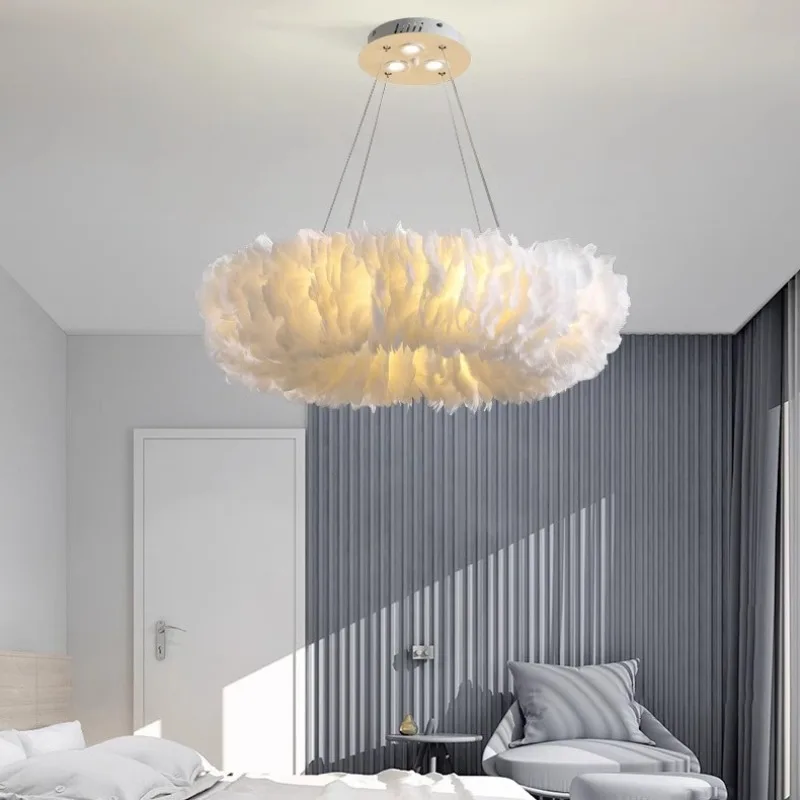 Nordic Style Round Feather Chandelier Adjustable Hanging Wire LED Bedroom Restaurant Hall Cafe Living Room Home Lighting Fixture