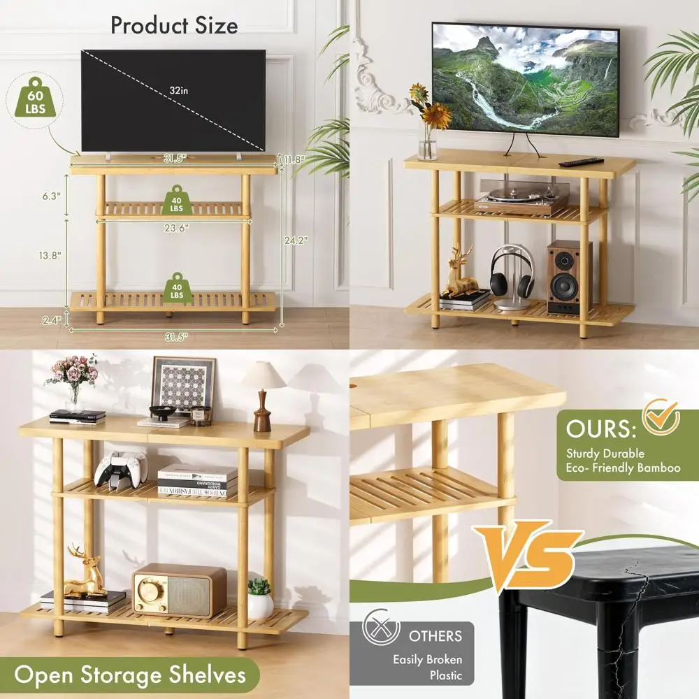 

Подставка для телевизора, развлекательный центр для до 32 дюймов, 3-х уровневая маленькая бамбуковая полка для телевизора с открытым хранилищем, тонкие подставки для телевизора для гостиной