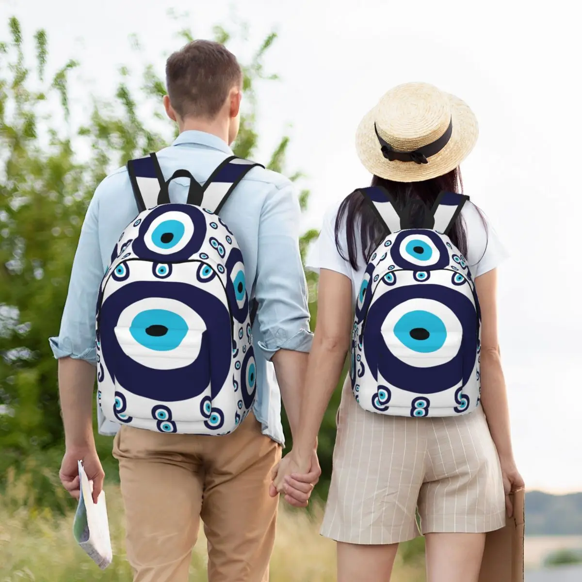 กระเป๋าเป้ผ้าแคนวาสลายตาปีศาจสีน้ำเงินกรมท่าและสีฟ้าอมเขียว สำหรับผู้หญิงและผู้ชาย เหมาะสำหรับใส่หนังสือเรียน ไปโรงเรียน มหาวิทยาลัย  กระเป๋าสไตล์โบฮีเมียน