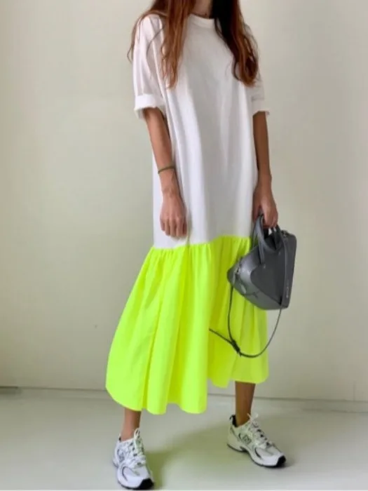 Vestido de verano refrescante con empalme, manga corta, otro material 00, sin marca registrada, año de tado de marcas com...