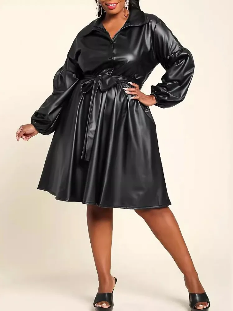 XL-5XL Plus Size Elegant Dress Clothes 2024 Autumn Winter Women Black Casual Long Sleeve Bandage Robe Dresses Big Size 3XL