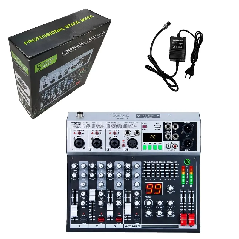GAX-KS50 5 Channel USB Audio Sound Card Mixer with Digital Reverb Integrated for Stage Performances.