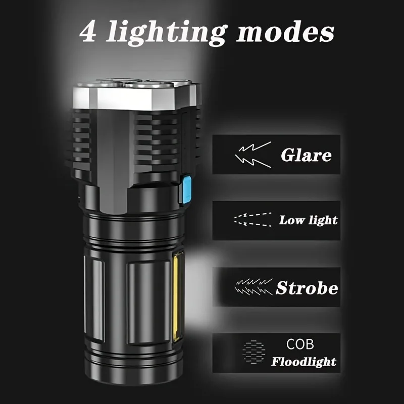 Strong Light LED Flashlight Camping Torch With 4 Lamp And COB Side Lights Outdoor USB Rechargeable Portable Hand Lantern