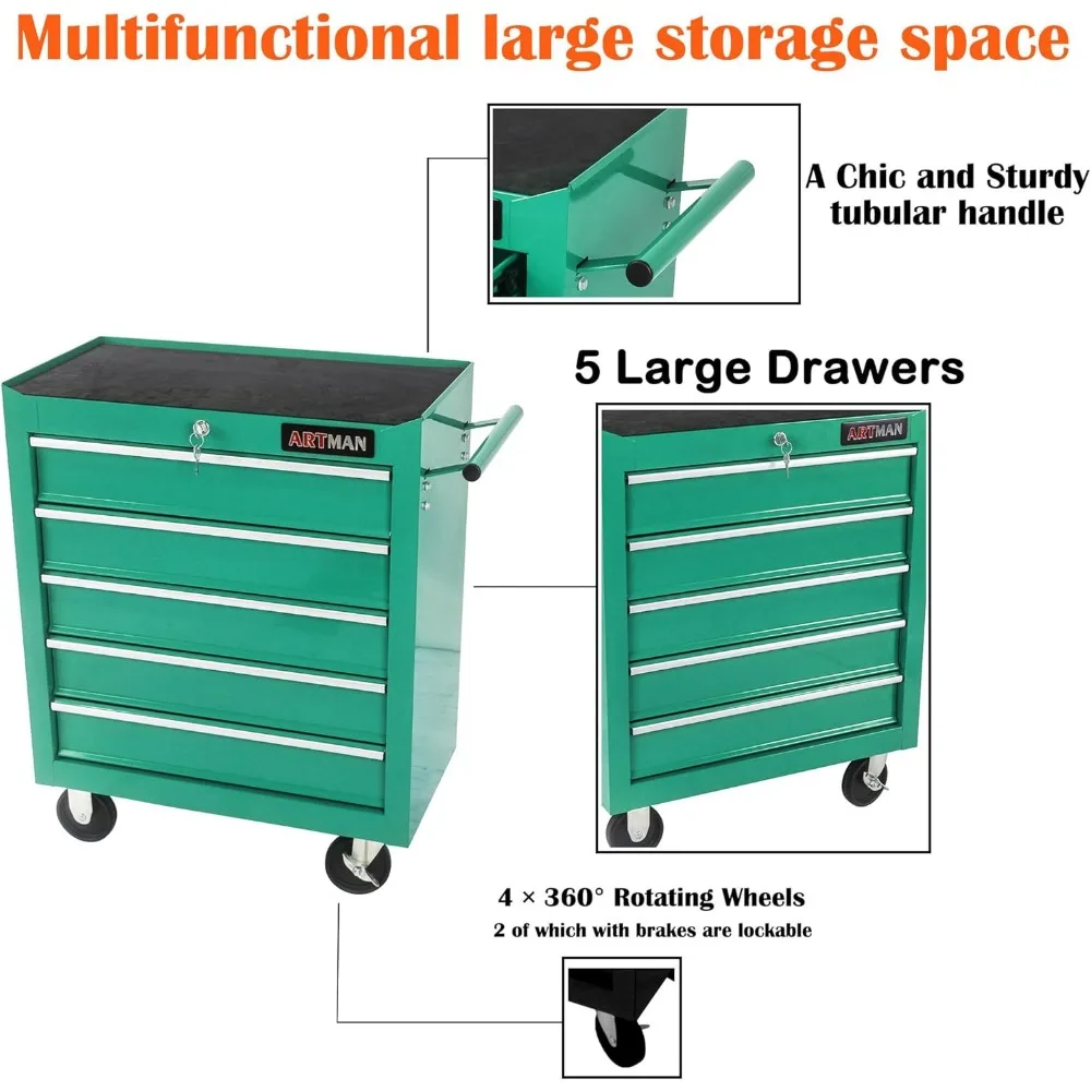 Carrello portautensili con 5 cassetti grandi su ruote, cassetta portautensili per organizer per carrello, cassetta degli attrezzi multifunzionale per riporre gli attrezzi per W