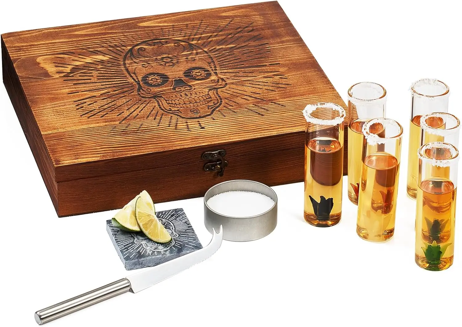 Tequila Gift Box Shot Glass & Salt Gift Set for Men & Women | Six Agave Shot Glasses,  For Limes, One Skull Coaster, One