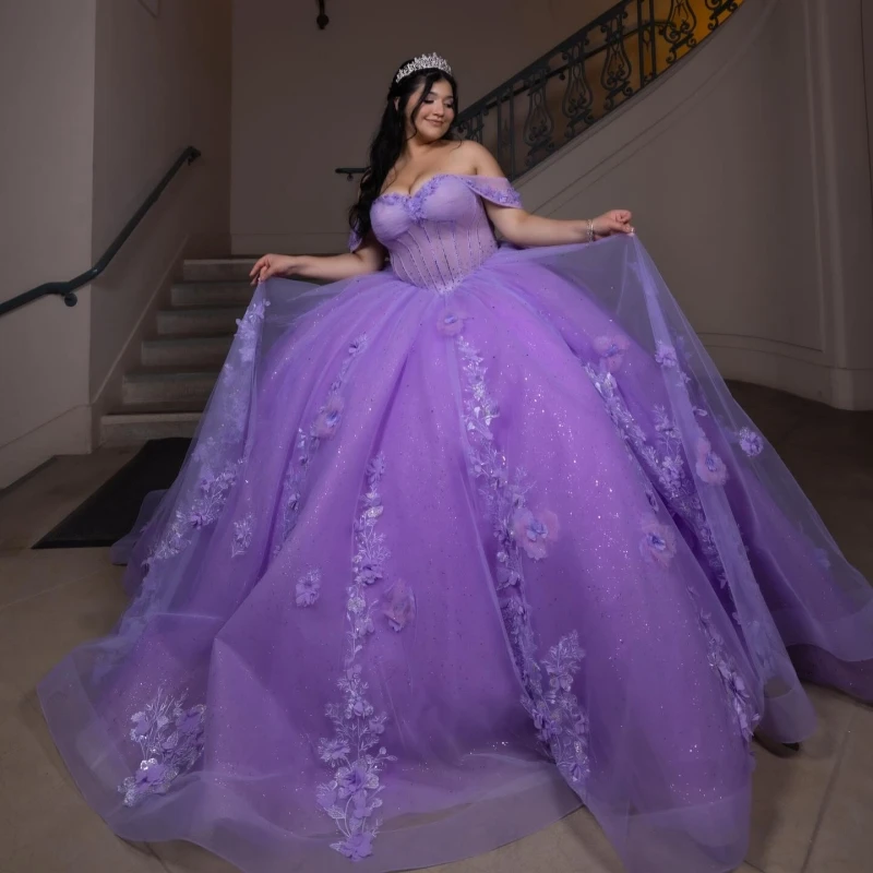 

Lilac Shiny Princess Off the Shoulder Sweet 16 Dress Quinceanera Dresses Applique Flower Beads Bow Tull Party Birthday Vestidos