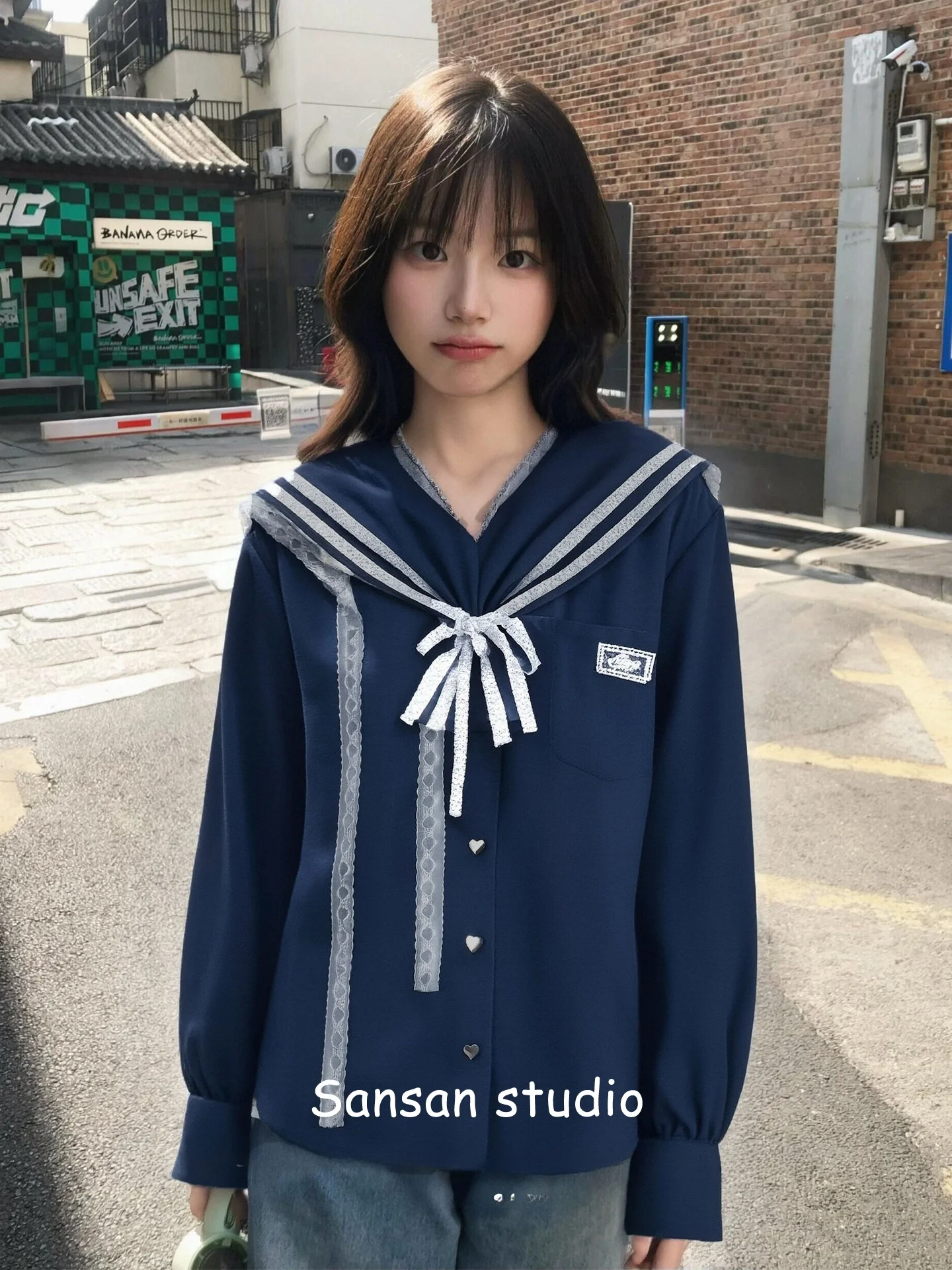 

Корейское свободное пальто-рубашка с воротником в морском стиле для женщин, ранняя весна, повседневный топ с завязками в студенческом стиле, для девушек и студенток