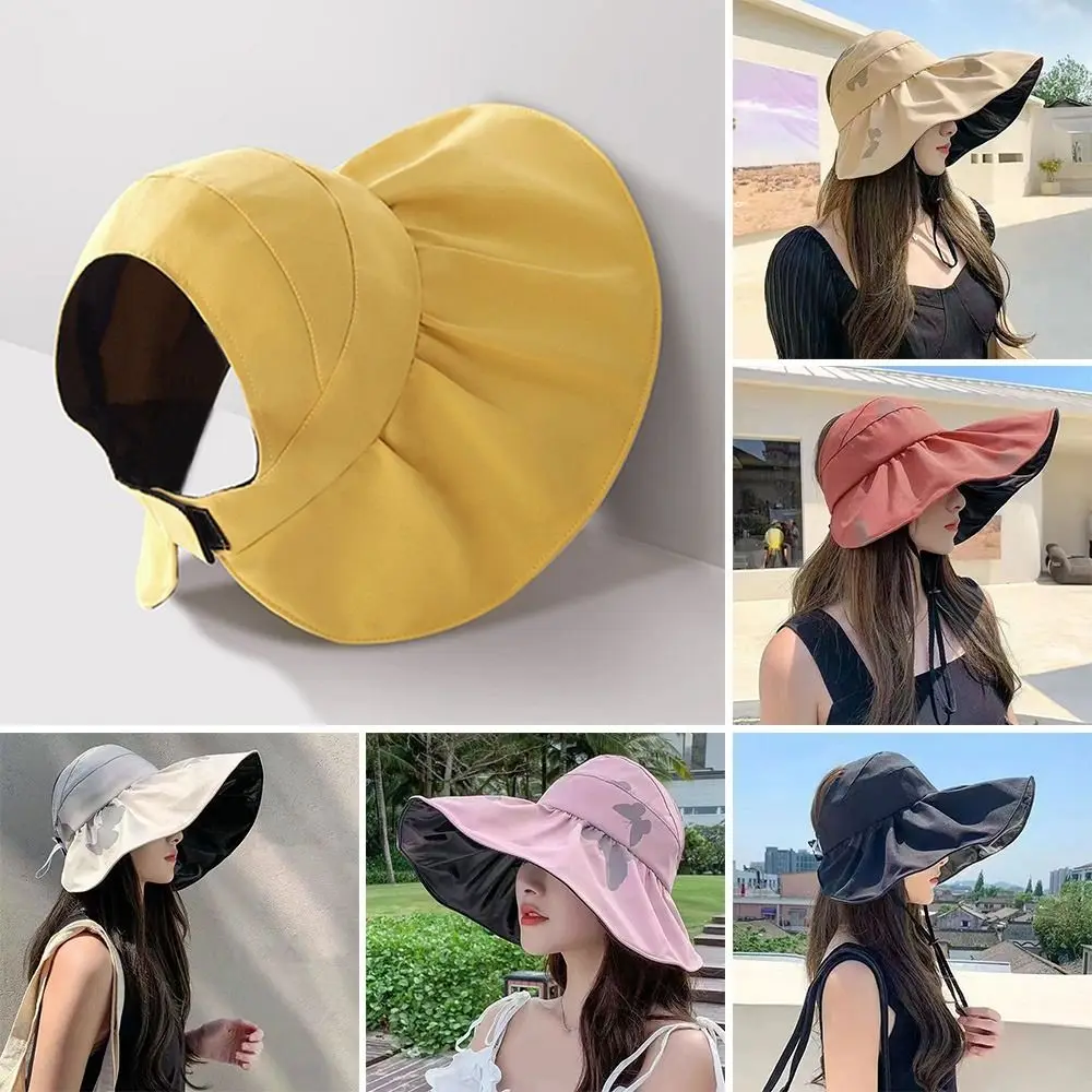 Women Empty Top Panama Hat Foldable Wide Brim Bucket Hat Sun Cap Sunshade Hat Beach Cap