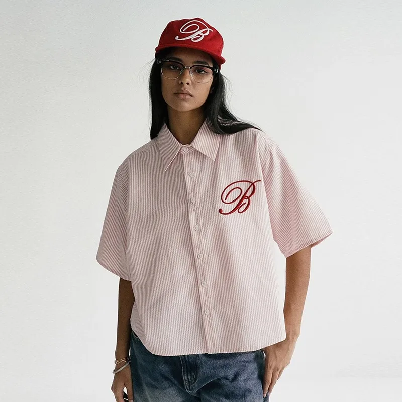 

Korea badblood bcac embroidered Spice Girls striped short-sleeved sexy shirt female summer casual shirt