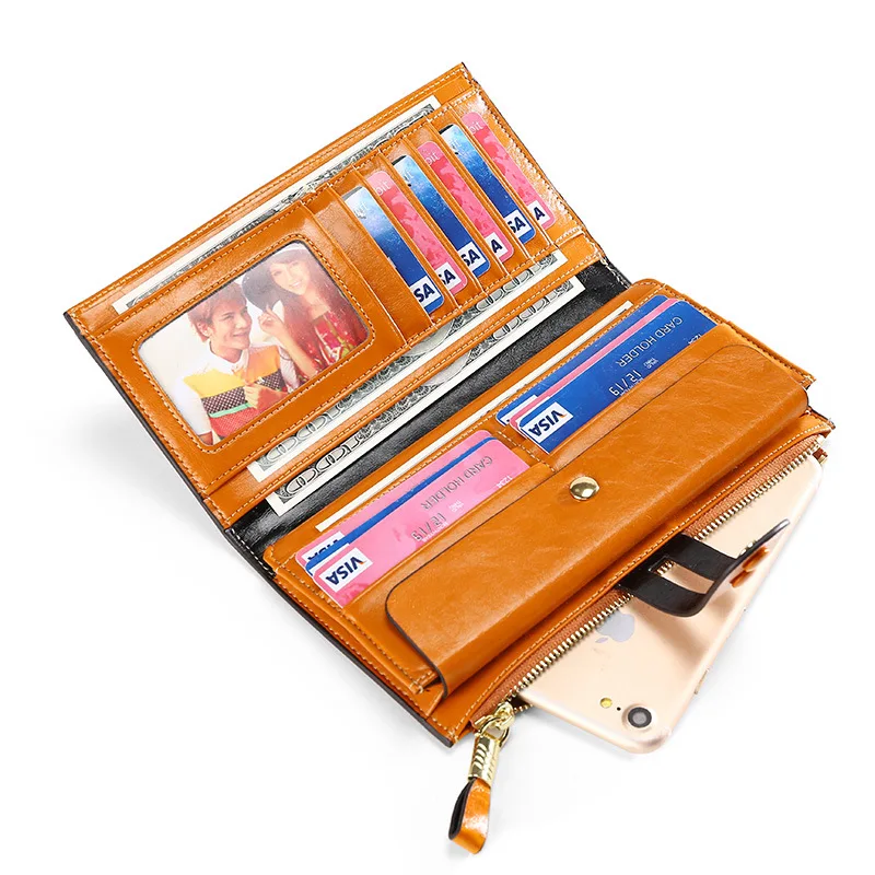 Genuine Leather Women's Long Wallet Ladies' High-quality Coin Purse RFID Anti Magnetic Card Bag, Retro Oil Wax Cowhide Wallet