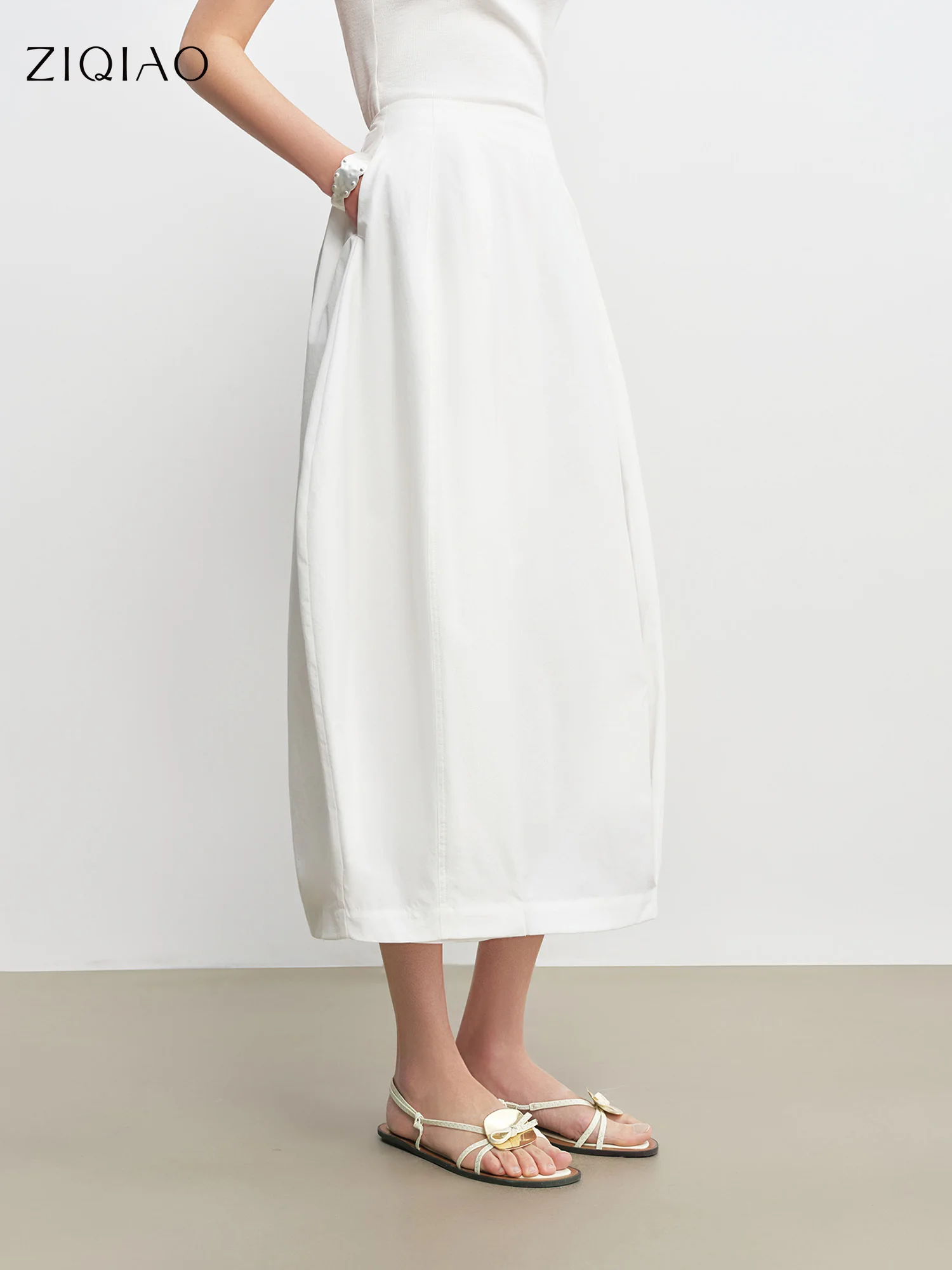 

ZIQIAO 2026 Spring Women's White Sculptural Bud Skirt - Mid-Length A-Line Floral-Inspired Design for Casual and Date Wear​