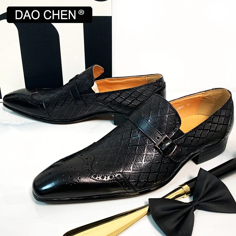 DAOCHEN MEN CASUAL SHOES BLACK COFFEE WINGTIP FORMAL MEN DRESS SHOES OFFICE WEDDING BUCKLE STRAP LEATHER LOAFERS FOR MEN