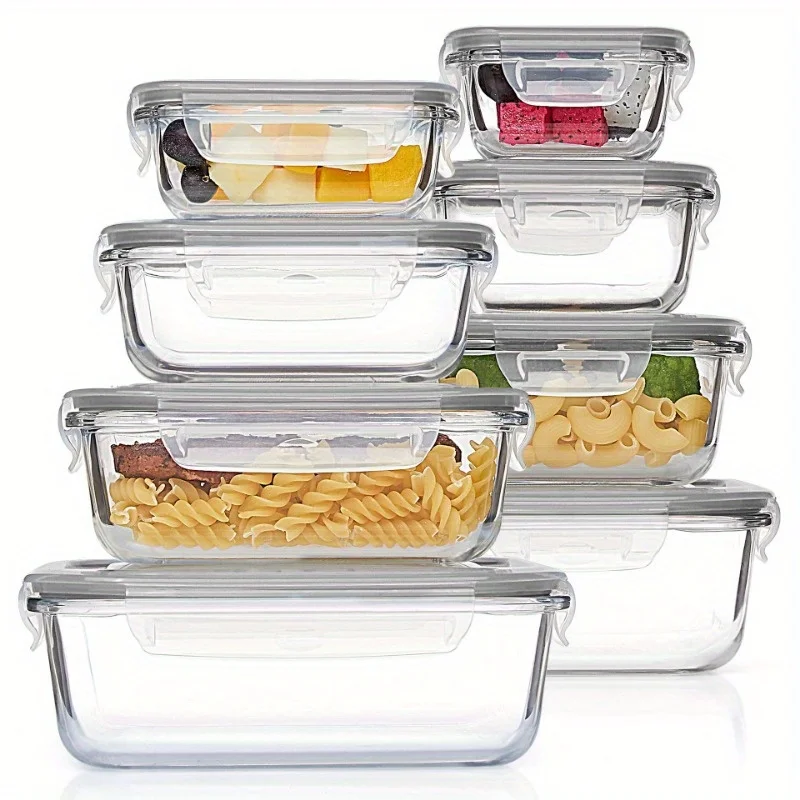 8-teiliges Glas-Lebensmittelbehälter-Set mit Deckeln, geeignet für die Aufbewahrung von Lebensmitteln im Kühlschrank und auch für die Mikrowellenerwärmung, grau.