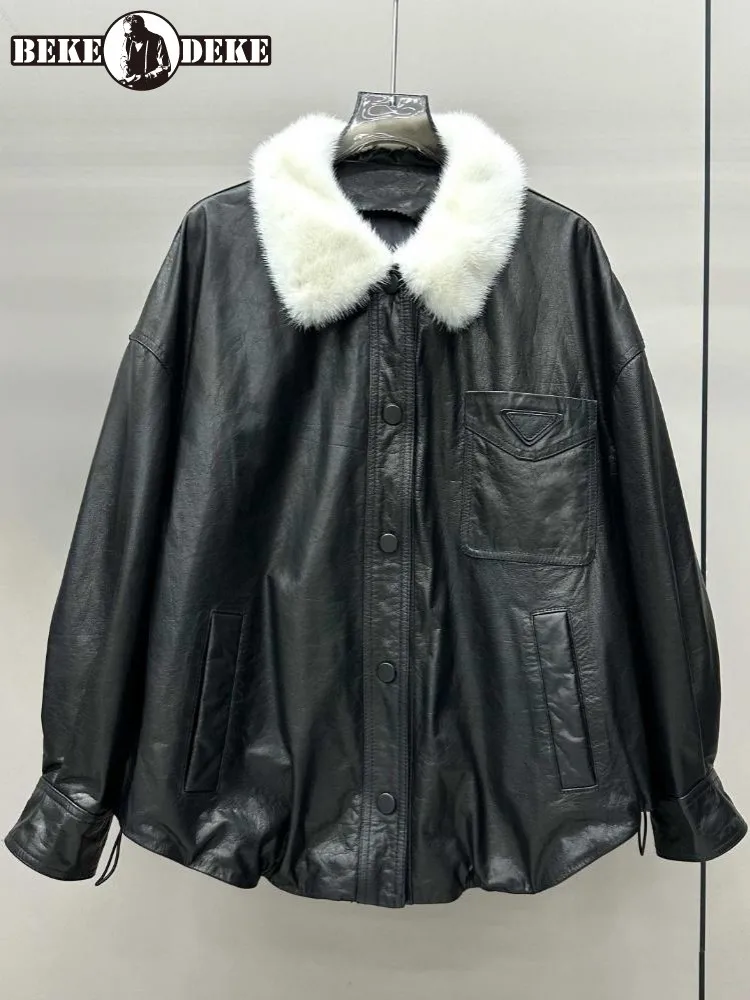 Giacca da donna in vera pelle monopetto con collo in pelliccia tinta unita da ufficio, tasca in pelle di vacchetta allentata, maniche lunghe, capispalla fatti a mano