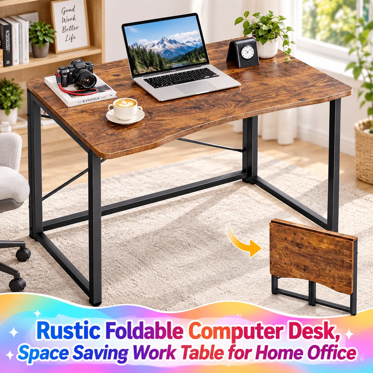 31.5 Inch Foldable Computer Table, Rustic Brown Rectangular Writing & Drafting Desk, X-Frame Support, Space Saving Foldable Design for Small Spaces