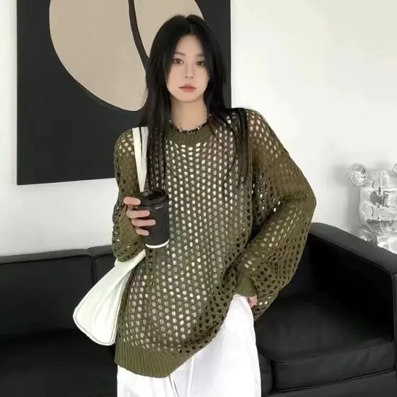 Hollow Out Knit T-shirt Women Y2K Casual Loose Fishing Net Long Sleeve Female Top 2024 Summer Street White Lady Pullovers Tops