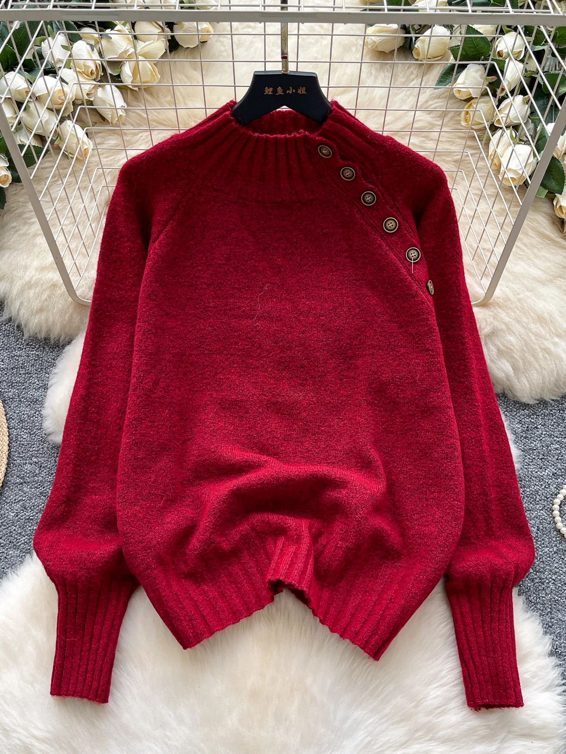 

2026 New Autumn Winter Half High Collar Long Sleeve Knitted Sweater Slanted Side Button Decoration Solid Color Pullover Tops