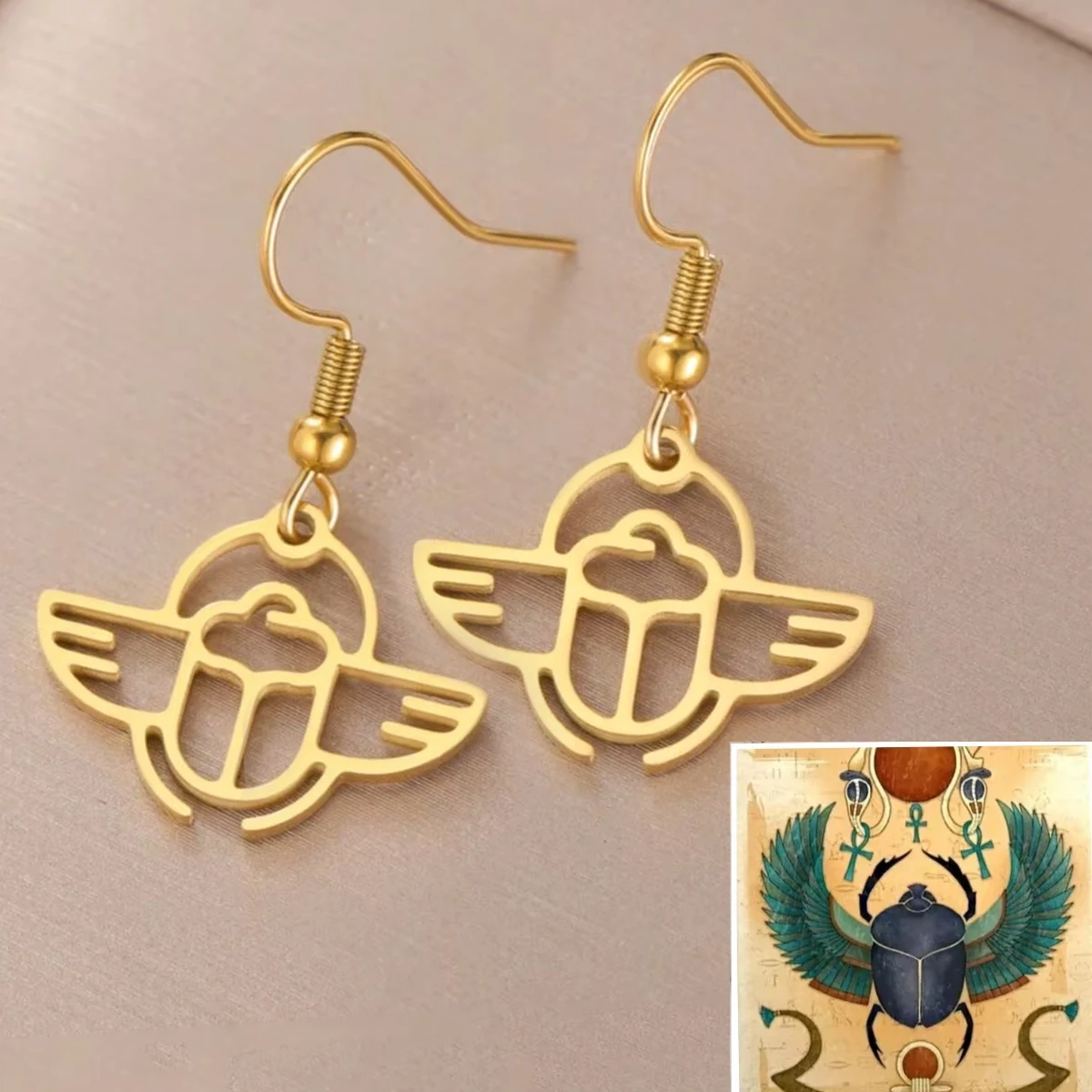 LIKGREAT Ancient Egyptian Scarab Dangle Earrings for Women Lady Stainless Steel Gold Color Fashion Insect Beetle Amulet Jewelry