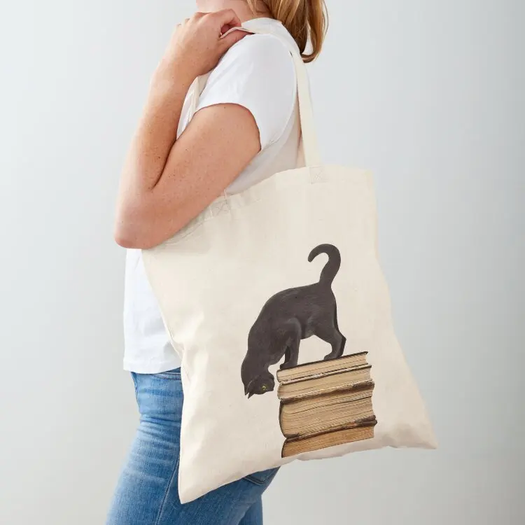

Curious Black Cat on Old Books for Literary Cat Lovers Tote Bag shopping cart bags bags for women hand bag ladies