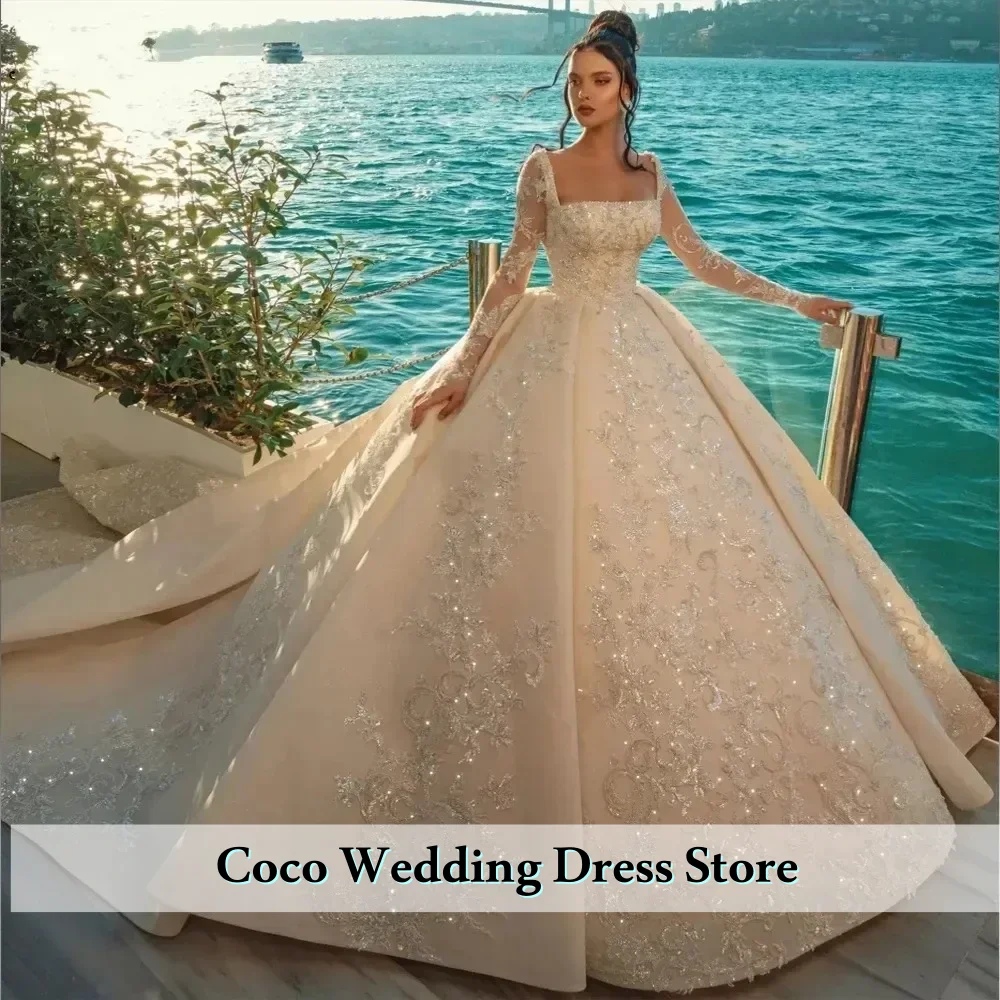 Customized  Gorgeous Lace Beaded Square Neck Bridal Dress Shiny Beads sequins Wedding Gown Ball Gown Bride Robe Vestido De Novia